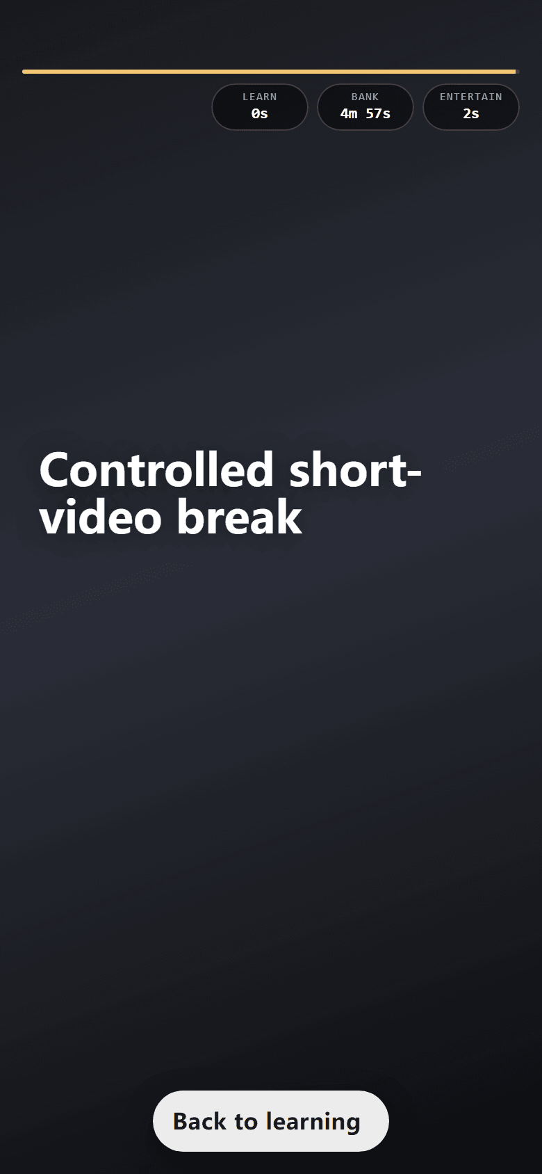 LearnTok short-video feed with a visible countdown and return control.