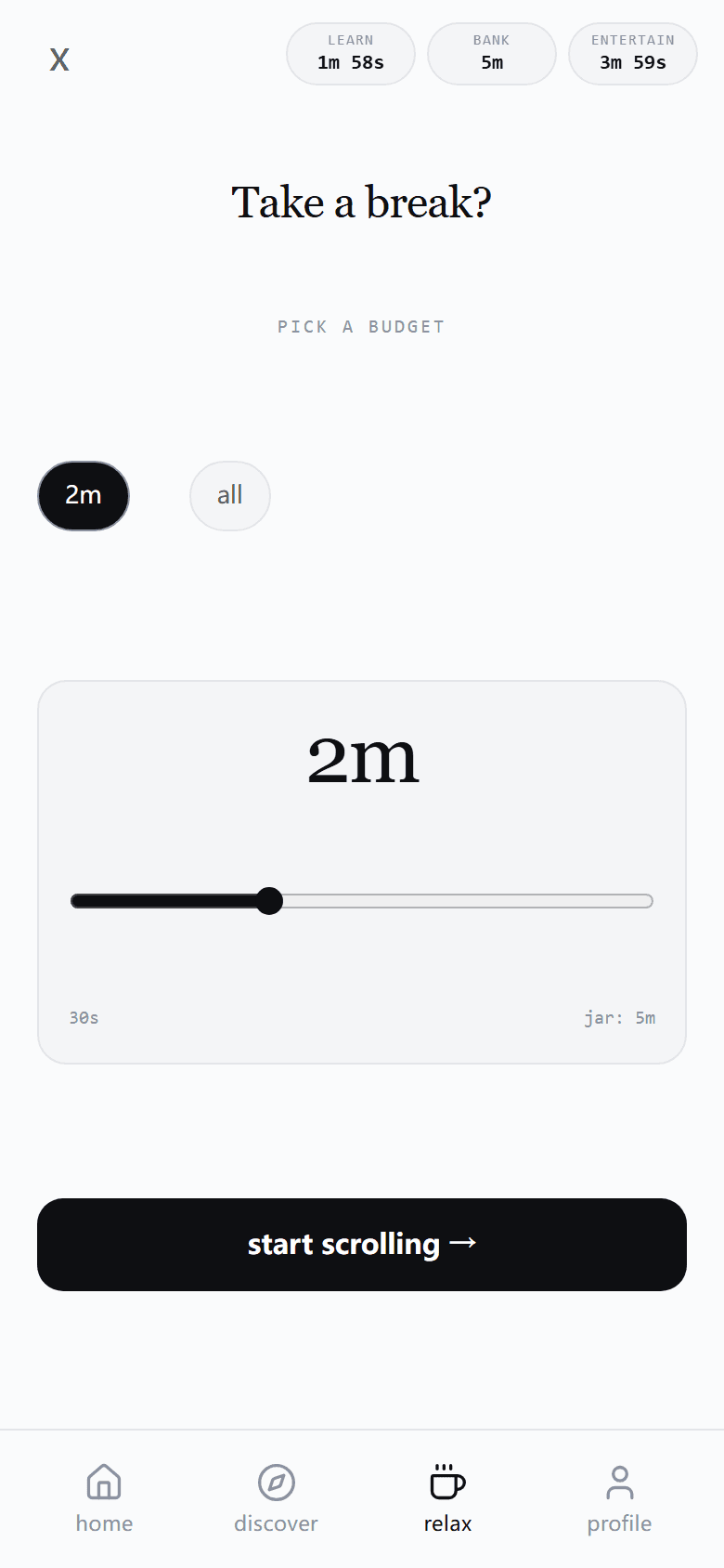 LearnTok budget screen for choosing a self-set short-video break.