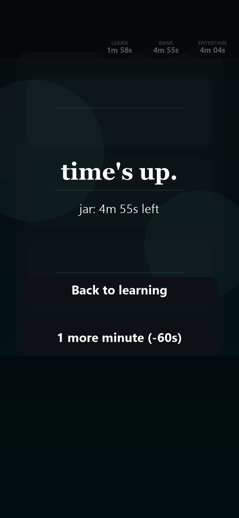 LearnTok time-up screen that guides the user back to learning.