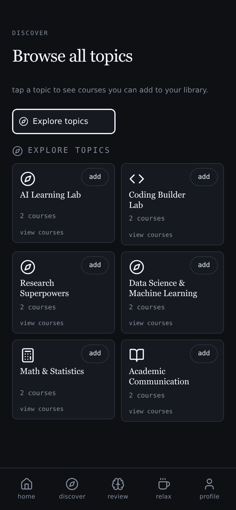 LearnTok dark-mode course catalog with example topics.