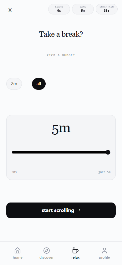 LearnTok break picker with a five minute planned break.