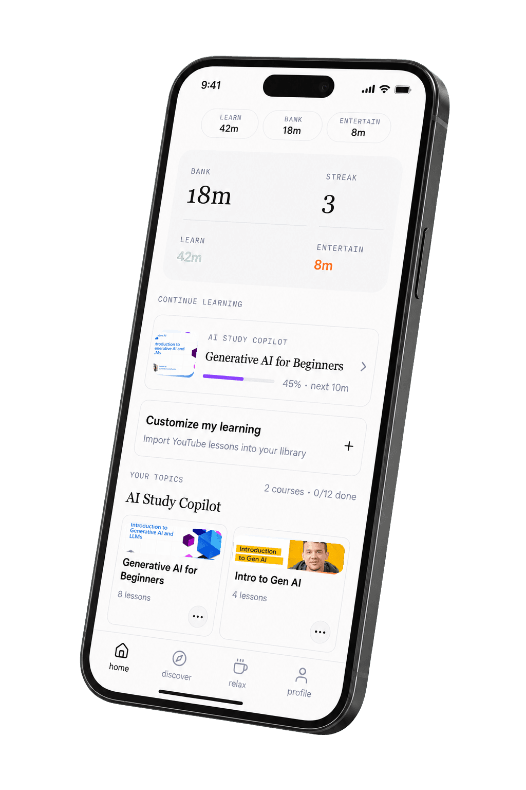 Angled LearnTok phone mockup showing saved break time, continue learning, customize learning, and personal topics.