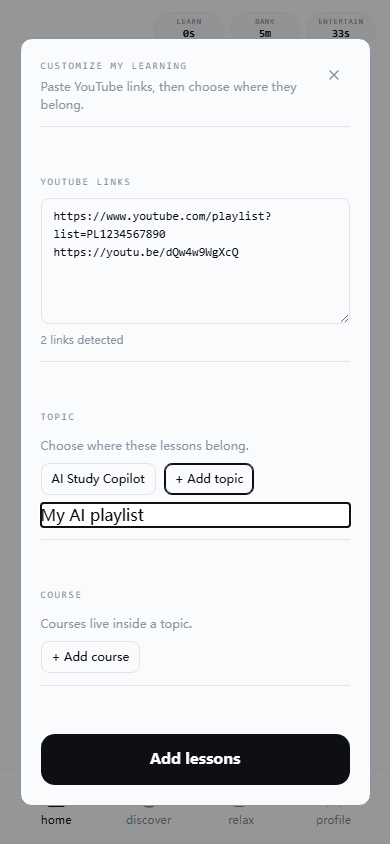 LearnTok YouTube playlist import composer.