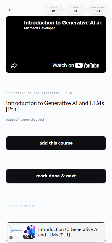 LearnTok AI agents course page with a lesson list.