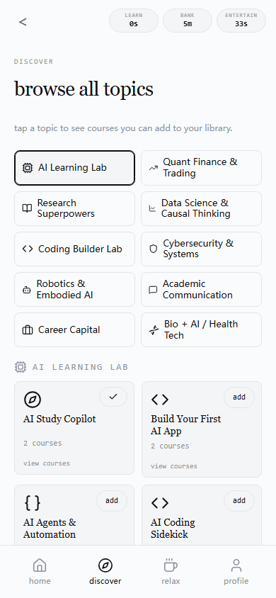 LearnTok discover catalog showing curated preset topics.